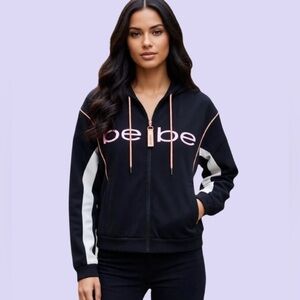 Bebe- Zip Up Hoodie Jacket Black Pink Logo Track Style Colorblock Medium